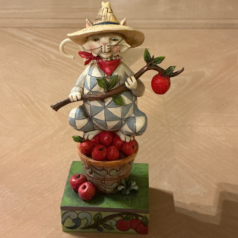 Jim Shore Cat Sculpture with Red Apples and Blue Pattern